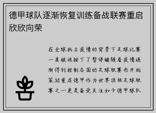 德甲球队逐渐恢复训练备战联赛重启欣欣向荣