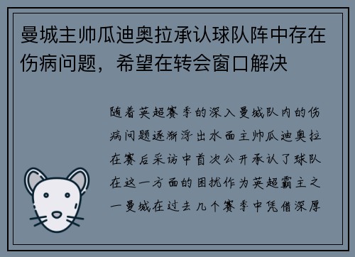 曼城主帅瓜迪奥拉承认球队阵中存在伤病问题，希望在转会窗口解决