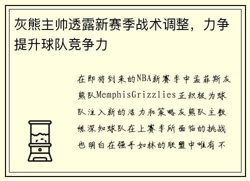 灰熊主帅透露新赛季战术调整，力争提升球队竞争力