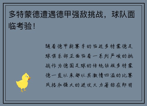 多特蒙德遭遇德甲强敌挑战，球队面临考验！