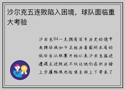 沙尔克五连败陷入困境，球队面临重大考验